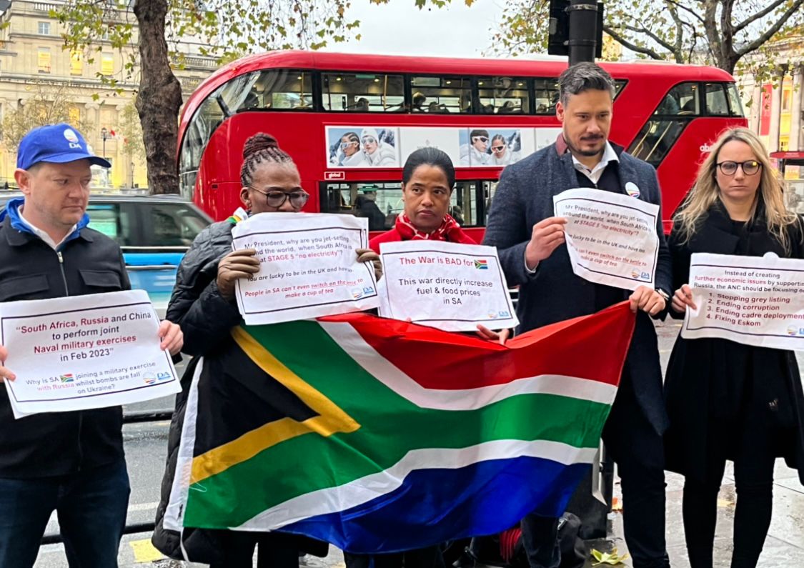 DA Abroad protest fuel and food crisis in South Africa as Ramaphosa visits London