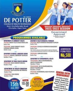 De Potter College of Health Admission Form 2023/2024 Is Out