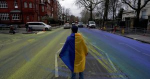 Gigantic Ukrainian Flag Painted On Road Outside Russian Embassy