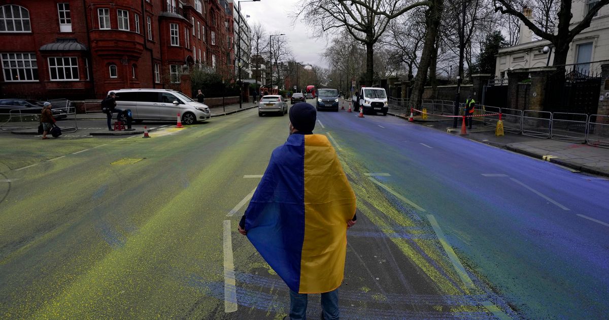 Gigantic Ukrainian Flag Painted On Road Outside Russian Embassy