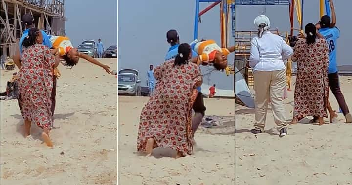 Video shows moment a lady collapsed and acted strange after touching water at beach