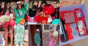 Nigerian man surprises girlfriend with iPhone 14, wigs, money bouquet on birthday (Video)