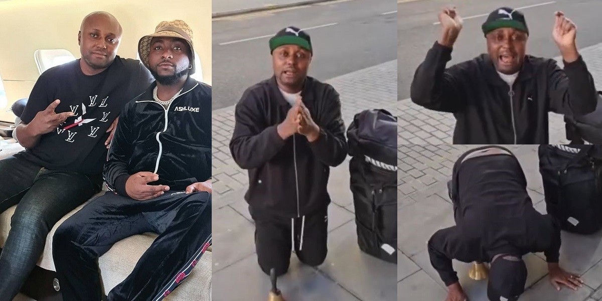 “Oga na you gimme visa” – Isreal DMW kneels to appreciate Davido after arriving London (Video)