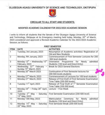 OAUSTECH modified Academic Calendar 2022/2023 Academic session