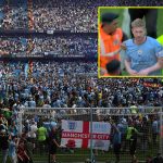 Man City fans invade the pitch before Premier League trophy presentation as Erling Haaland and Kevin De Bruyne guided off