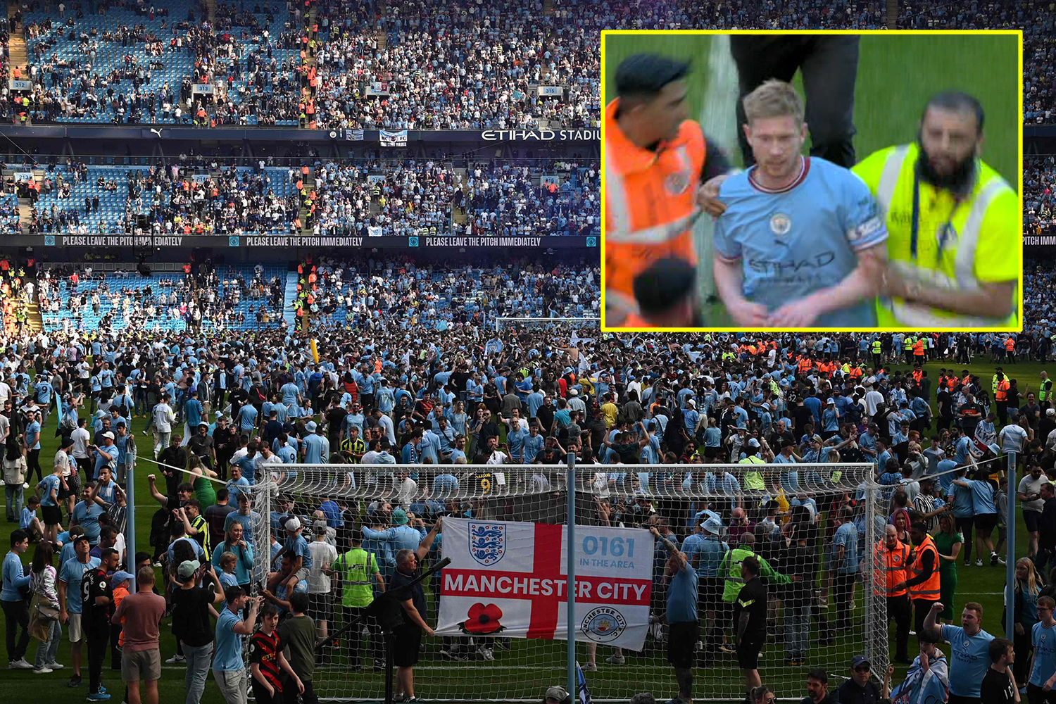 Man City fans invade the pitch before Premier League trophy presentation as Erling Haaland and Kevin De Bruyne guided off