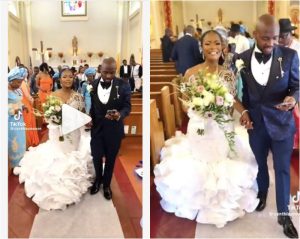 “Sports Bet Dey Enter” – Reaction As Groom Busily Fidgets With His Phone Walking Down The Aisle With Bride