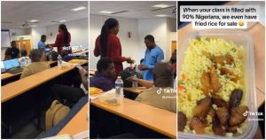 “This One is Coloured”: Nigerian Lady Overseas Seen Selling Fried Rice To Students in UK Class, Video Emerges