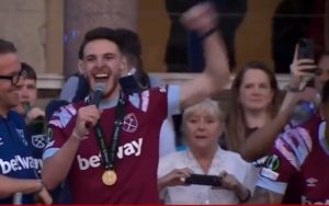 Video: West Ham captain Declan Rice’s x-rated speech is captured live on BBC News