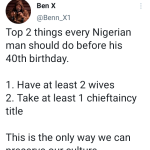 Have at least 2 wives, take at least 1 chieftaincy title before your 40th Birthday – Traditionalist tells Nigerian Men