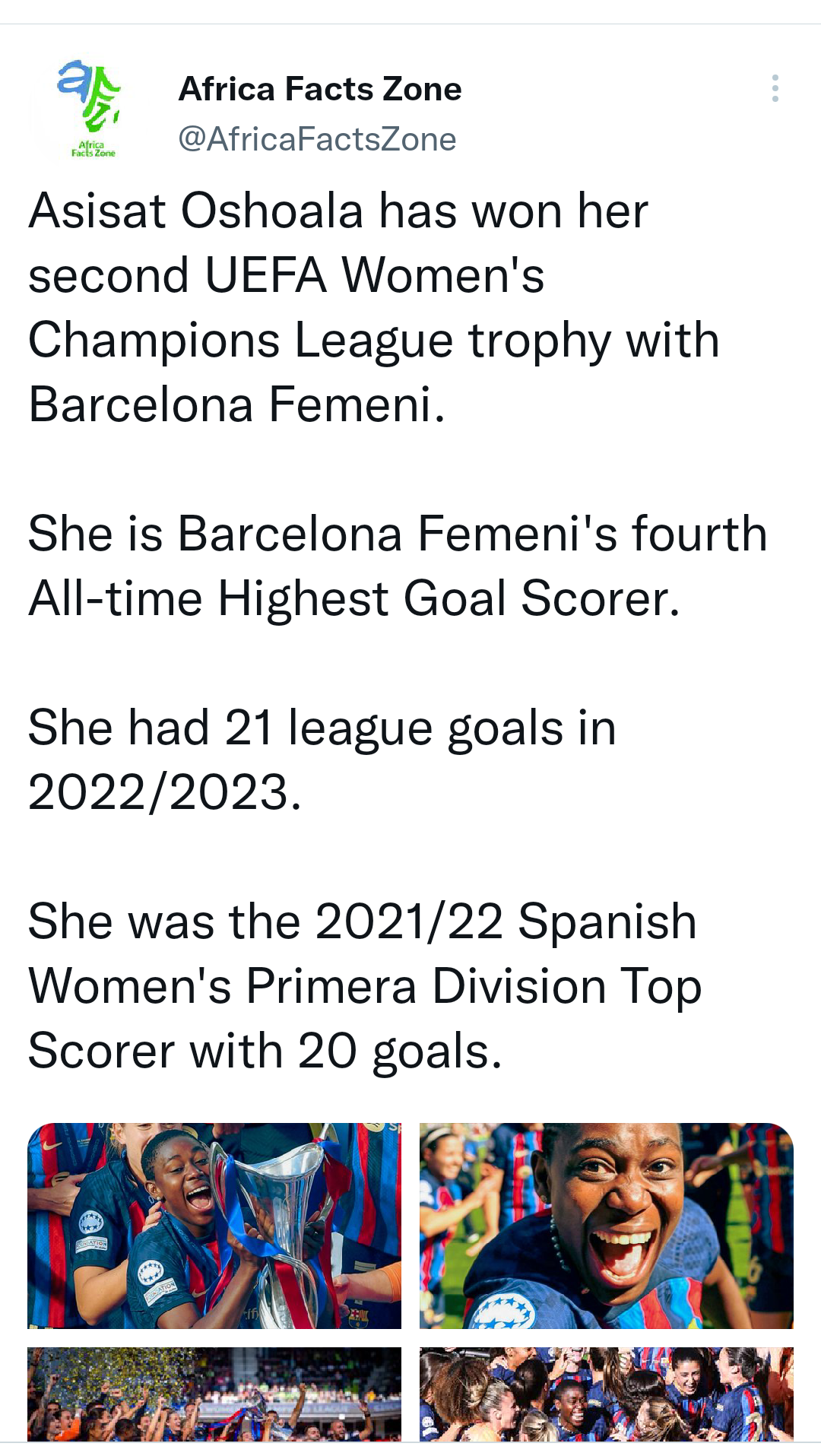 Asisat Oshoala wins second Womenâs Champions League title with Barcelona to become Africa’s most decorated footballer of all time