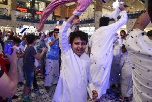 Man City fans watch their team win the Champions League title in the UAE