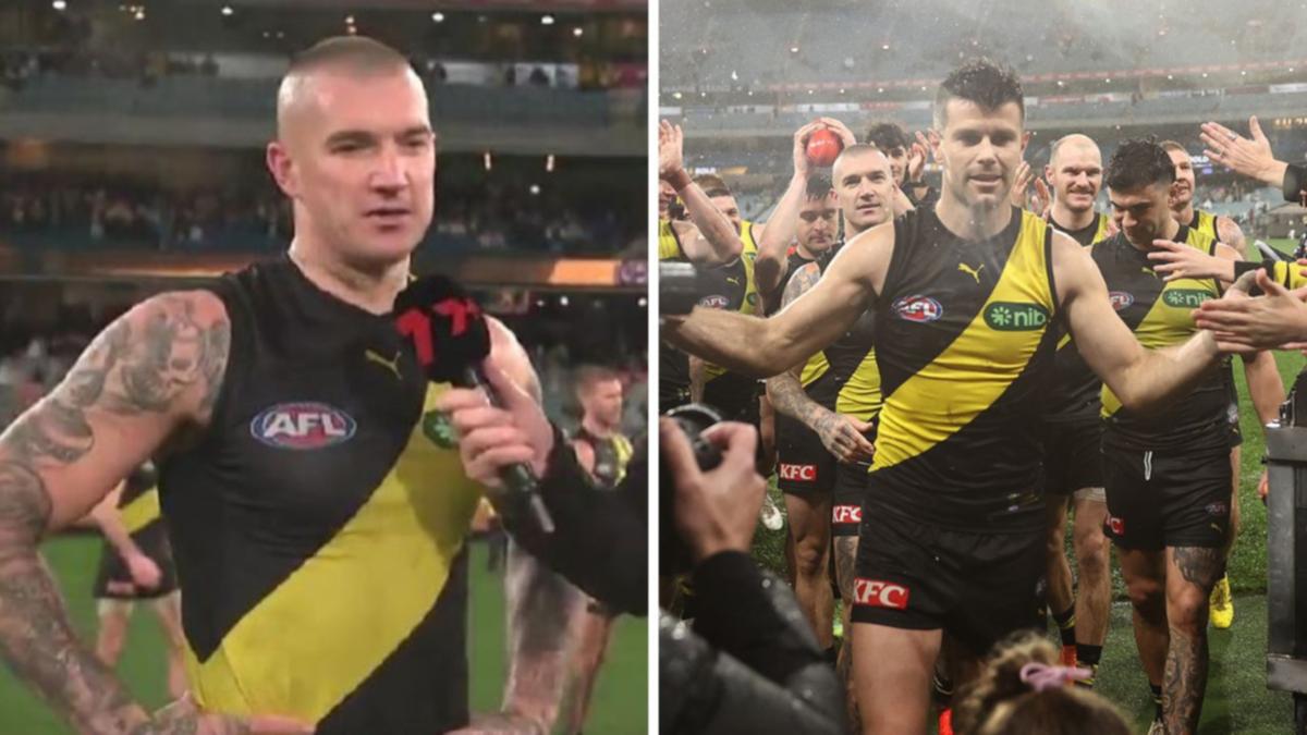 Dustin Martin pays tribute to Trent Cotchin after Tigers celebrate champion’s 300th in style