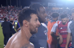 Lionel Messi takes photos with Dallas players queuing up for selfies on the pitch at full-time