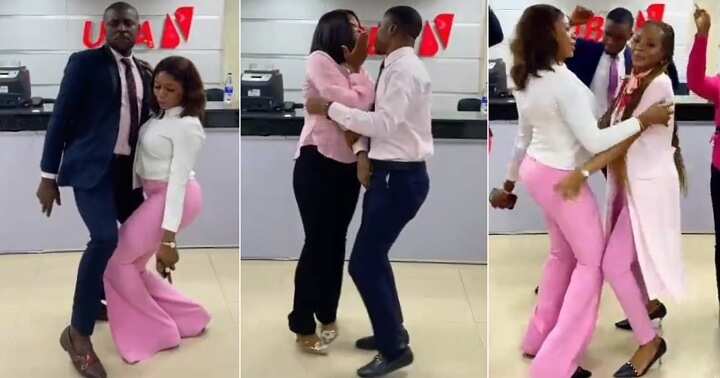 Watch trending video as Nigerian bank workers get into romantic show at office