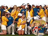 Jubilant Ryder Cup wags gather around Team Europe’s Viktor Hovland as they don matching yellow jackets to support their golf star partners on final day of competition