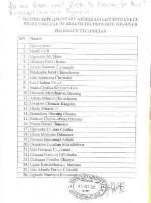 Enugu State College of Health Tech Supplementary Admission List 2023/2024