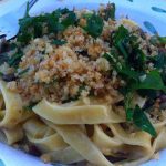 Carbonara-Style Tagliatelle with Grilled Asparagus and Lemon-Herb Breadcrumbs