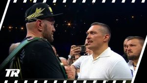 Tyson Fury faces off Oleksandr Usyk in the ring after Francis Ngannou fight