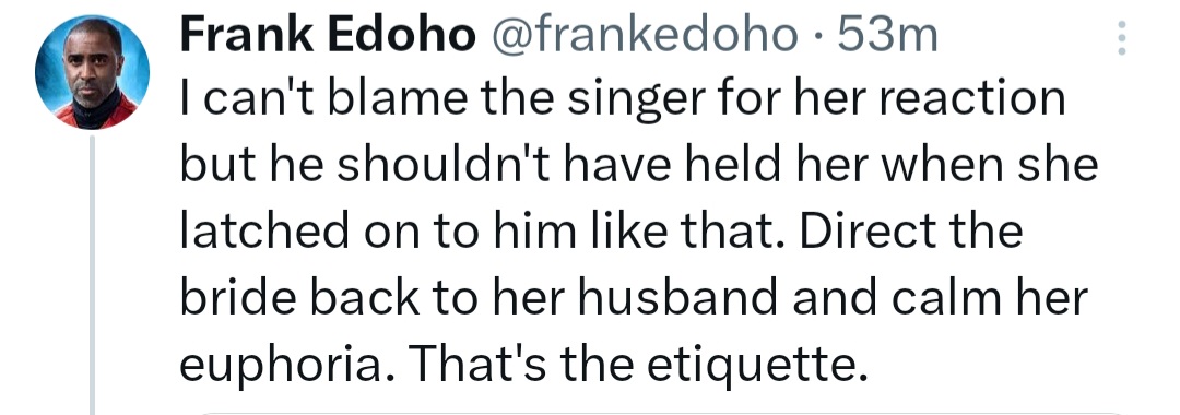 Frank Edoho schools singer Moses Bliss on “etiquette” after actress Ekene Umenwa knelt before him as he performed at her wedding