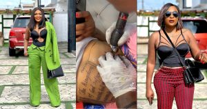 “You pay am?” – Reactions as Blessing CEO shares a video of her getting a bible verse tattooed on her stomach (VIDEO)