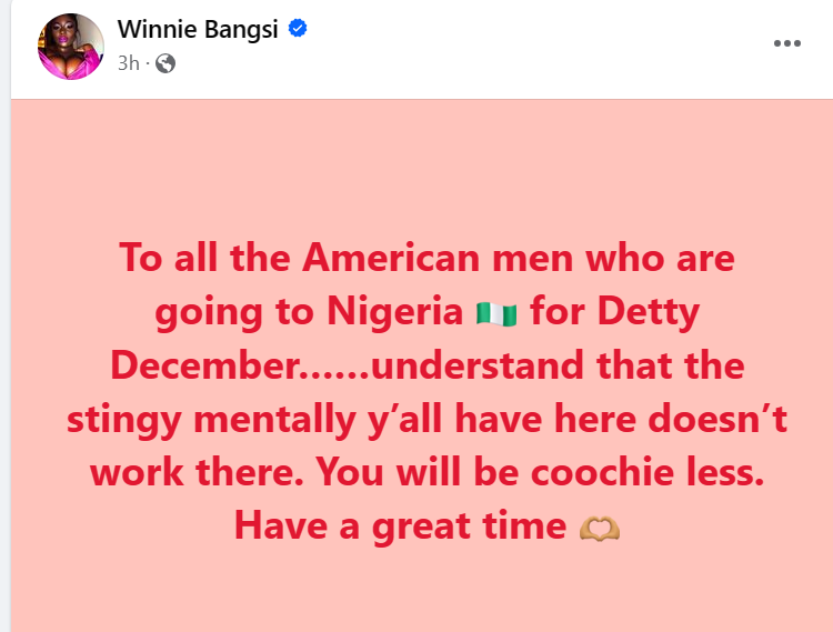 You will be c00chie less in Nigeria if you are stingy – American lady tells American men coming to Nigeria for “detty” December