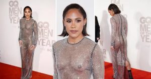 Sports presenter ALEX SCOTT goes braless in see-through dress at GQ Men of the Year awards (PHOTOs)