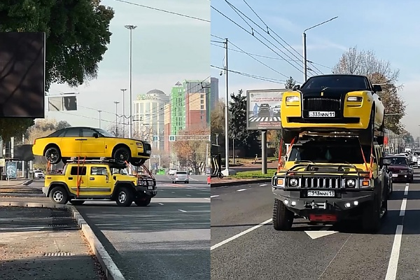 Another Russian Jumped On The Bandwagon, Ferries A Rolls-Royce On The Roof Of A Hummer