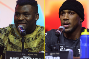 Anthony Joshua sits stone-faced as Francis Ngannou talks about his chin at press conference