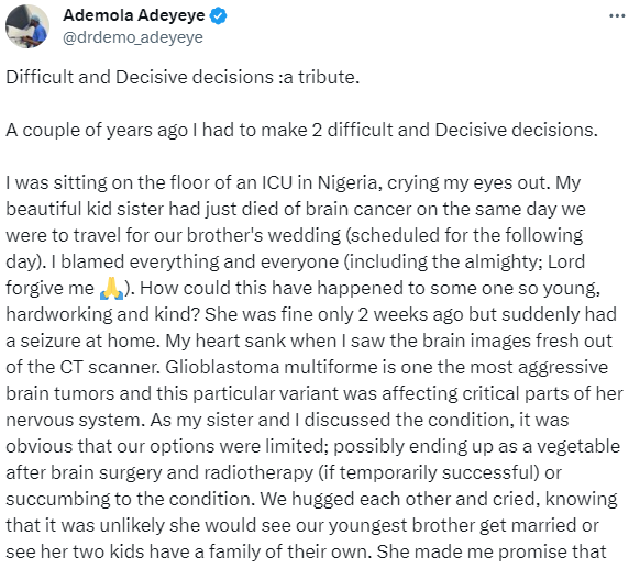 Nigerian doctor pays glowing tribute to his sister who died from brain tumor a day to their brotherâs wedding