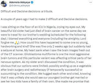 Nigerian doctor pays glowing tribute to his sister who died from brain tumor a day to their brotherâs wedding