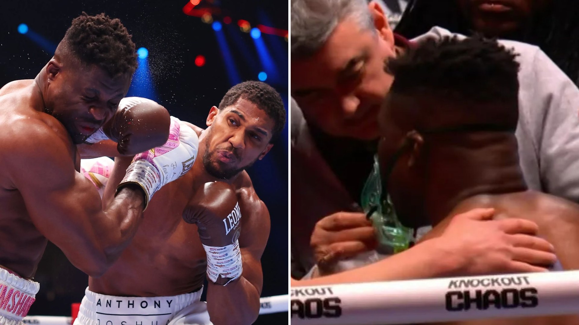 Watch brutal moment Anthony Joshua knocks out Francis Ngannou with savage right hand leaving him needing oxygen