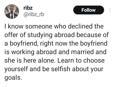 Woman who declined offer to study abroad because of her boyfriend later ends up alone while the man is married and working abroad