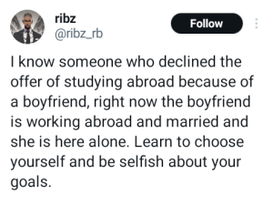 Woman who declined offer to study abroad because of her boyfriend later ends up alone while the man is married and working abroad