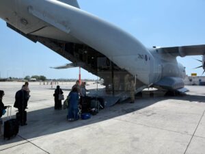 RAF airlifts first British nationals from Israel as’ shelter in place’ warning issued to those in Qatar as air space closed