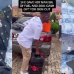 Lady gifts boyfriend ₦200k, fuel, bouquet on sign-out day
