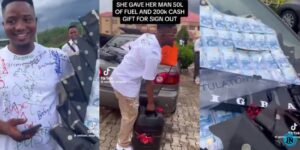 Lady gifts boyfriend ₦200k, fuel, bouquet on sign-out day