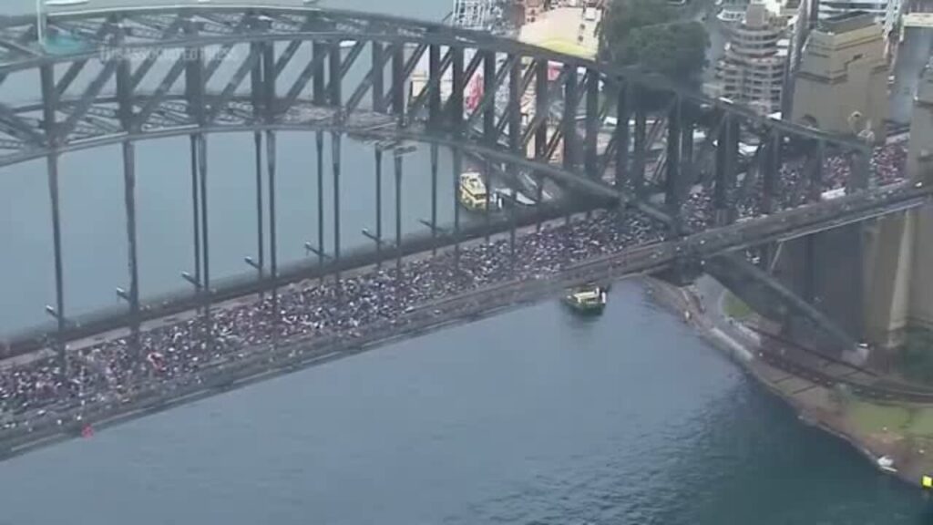 Demonstrators march towards Sydney Harbour Bridge to show support for Palestinians in Gaza