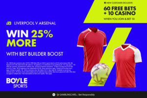 Liverpool vs Arsenal: Get €70 in free bets with BOYLE Sports, plus 25% boost on your winnings
