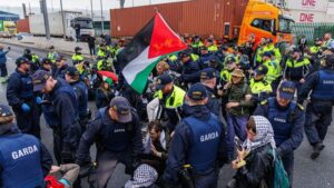 Garda public order unit physically remove Gaza protesters blocking Dublin Port amid major traffic disruption