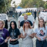 Einav Zangauker holds bottle of son’s urine from Gaza at hostage deal rally