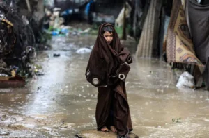 Displaced Palestinians Struggle as Rainwater Enters Tents Amid Extreme Cold in Gaza