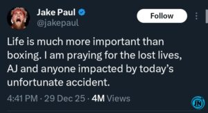 Jake Paul responds to Anthony Joshua’s accident, two friends dead