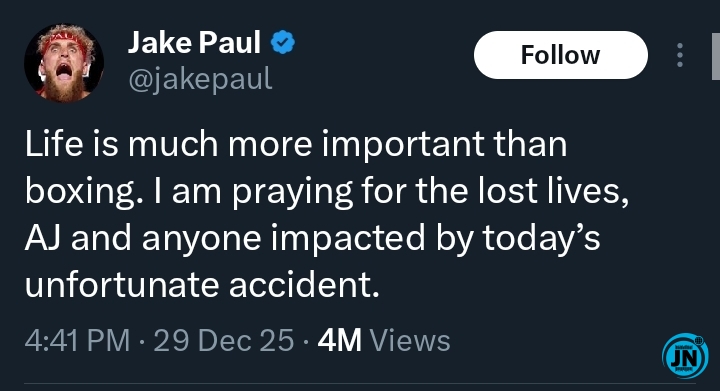 Jake Paul responds to Anthony Joshua’s accident, two friends dead