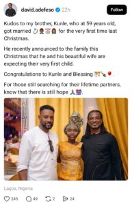 "There is still hope" David Adefeso says as he congratulates his brother who got married for the first time at 59 and is now expecting first child with young bride