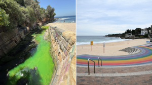 Coogee Beach turns fluorescent green thanks to plumbers’ dye