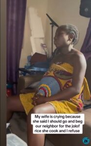 Pregnant wife cries as hub says no to begging neighbour for Jollof rice
