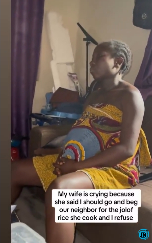Pregnant wife cries as hub says no to begging neighbour for Jollof rice