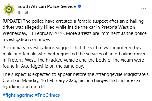 South African police arrest female suspect over m8rder of Nigerian e-hailing driver