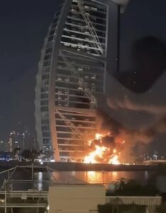 Dubai’s Iconic Burj Al Arab Hotel Engulfed In Flames After Being ‘Hit By Suicide Drone’ Shot By Iran (Video)